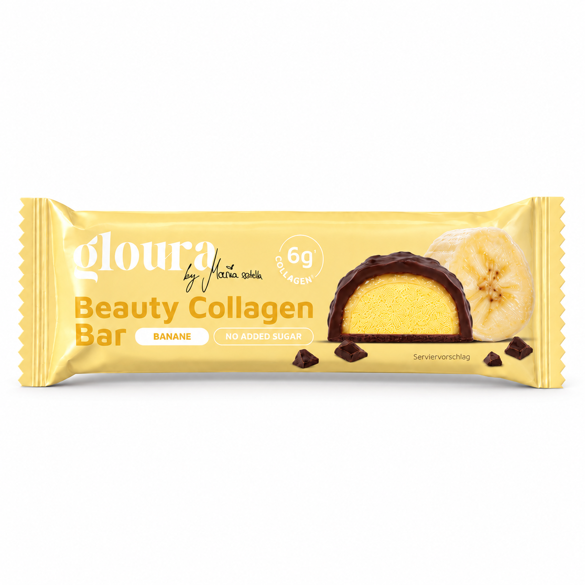 Gloura Beauty Collagen Bar Banane – Einzelriegel 50 g auf weißem Hintergrund