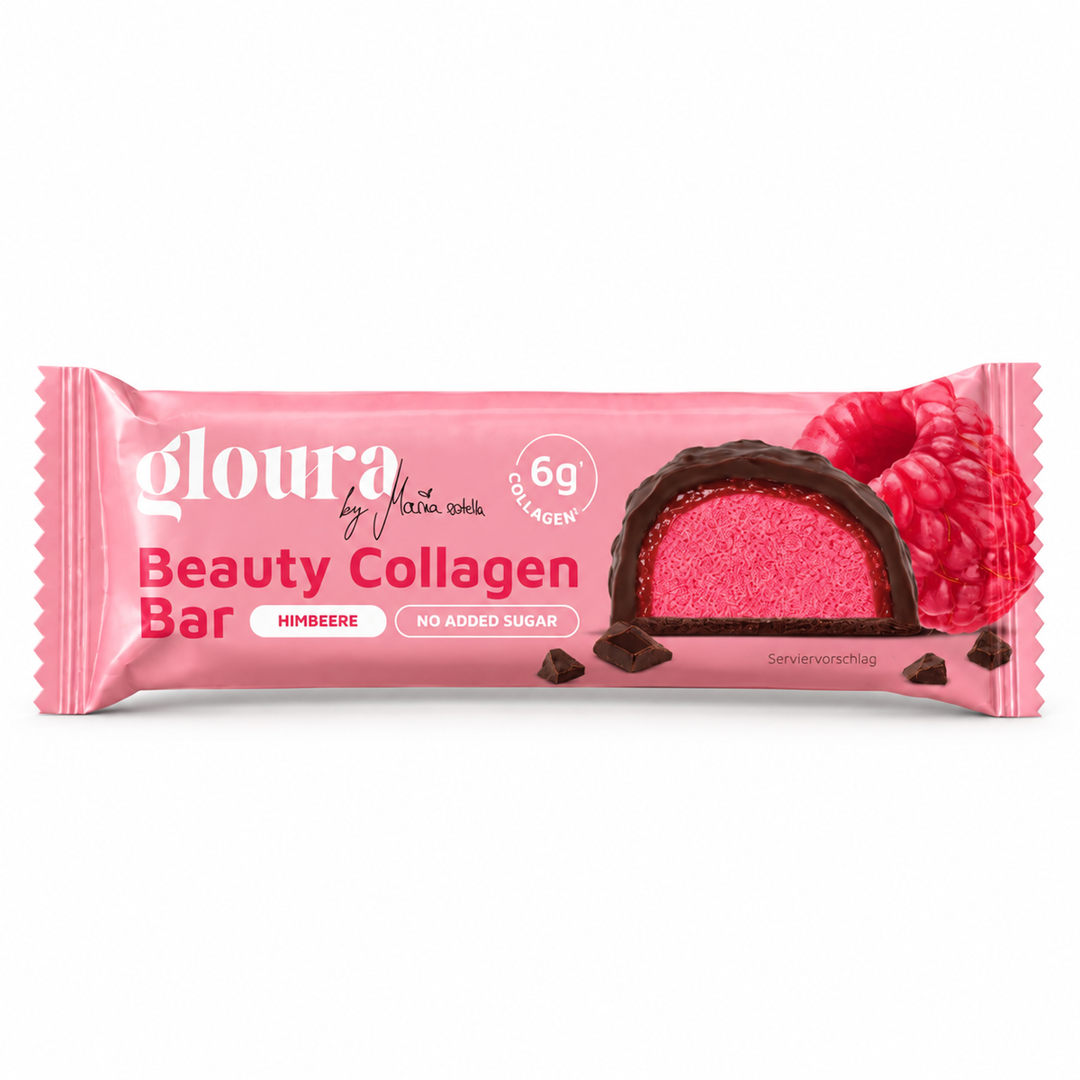 Gloura Beauty Collagen Bar Himbeere – Einzelriegel 50 g auf weißem Hintergrund