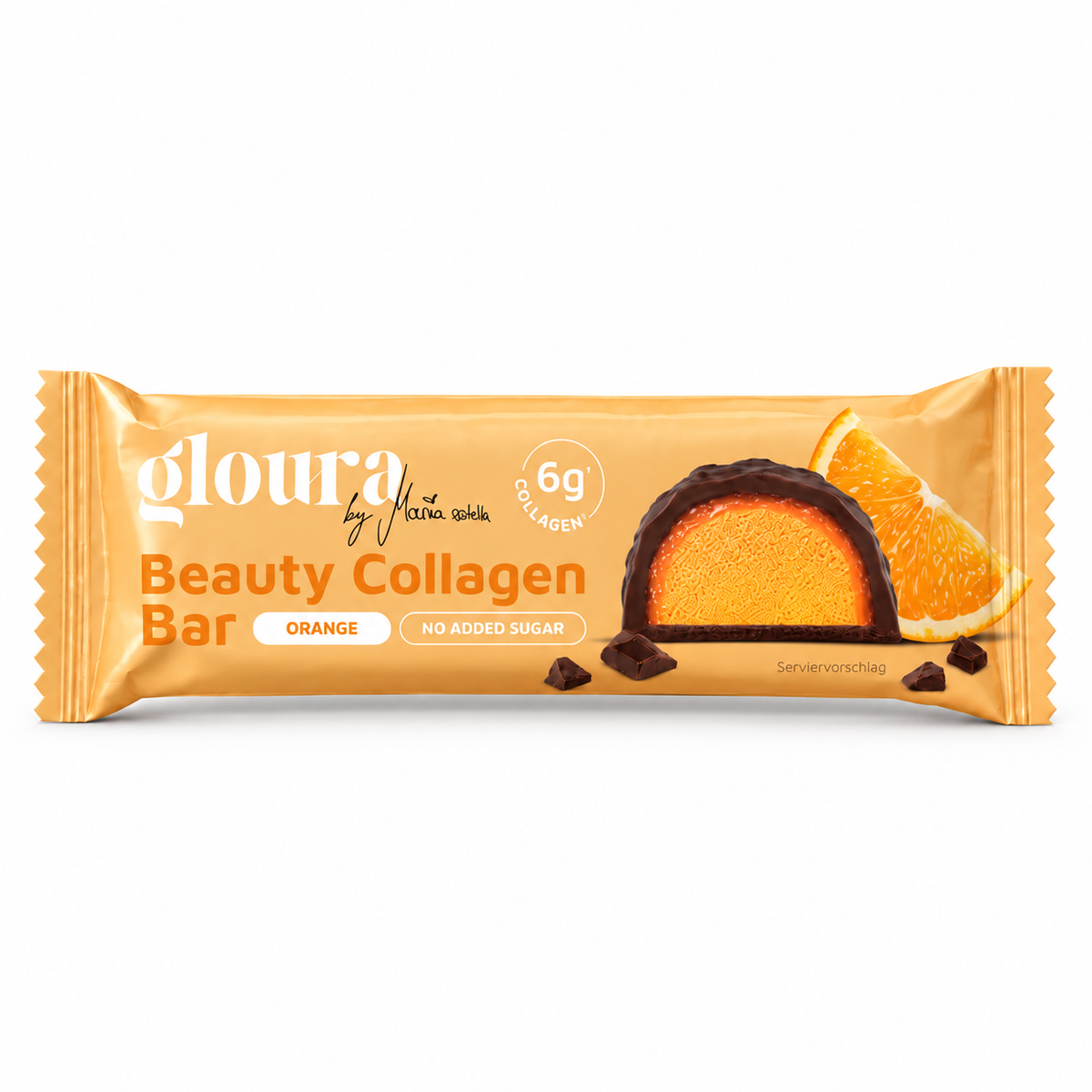 Gloura Beauty Collagen Bar Orange – Einzelriegel 50 g auf weißem Hintergrund